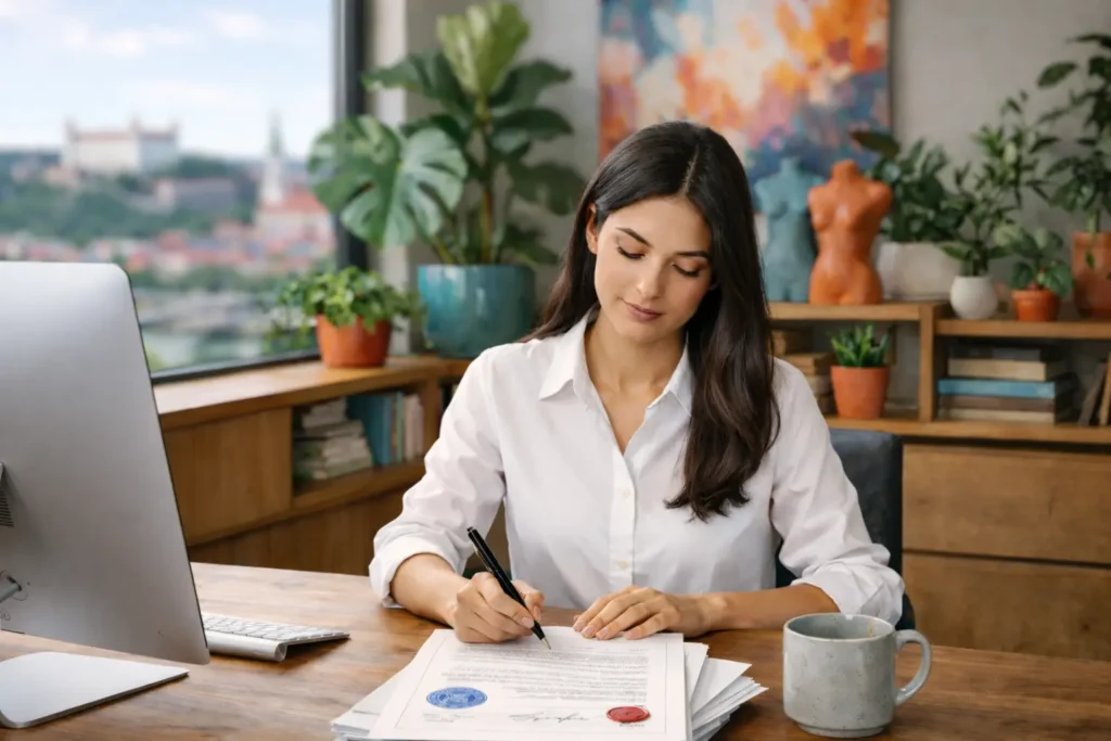 A professional woman in a white blouse sitting at a modern wooden desk, signing official sworn translation documents with stamps in a bright, stylish office with plants and contemporary art.
