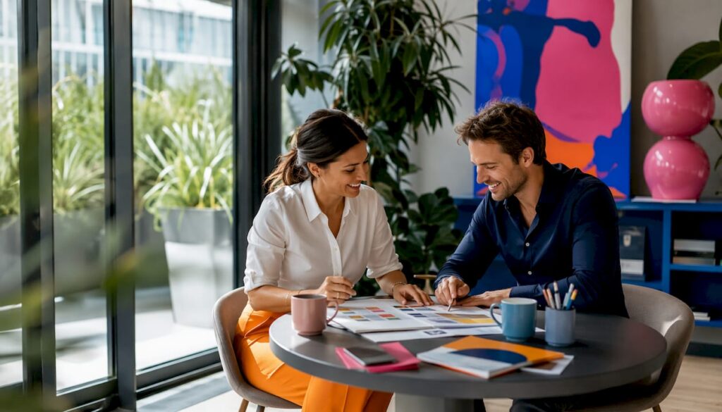 Smiling professionals discussing labeling documents in bright office