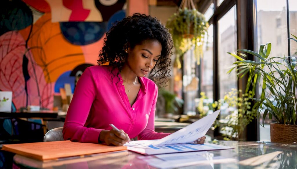 Woman reviewing compliance documents at home desk
