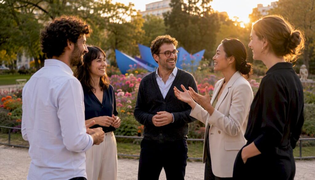 Young professionals chatting informally in office
