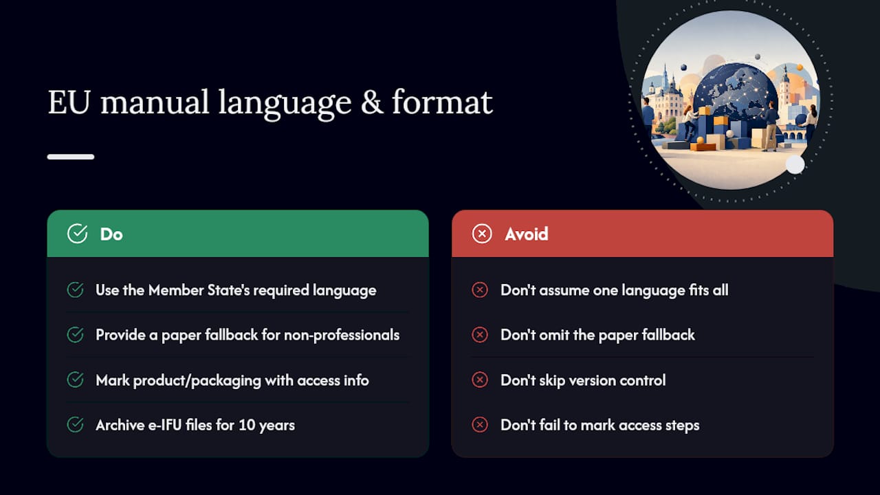 What do EU rules require for manual language and format? — overview diagram
