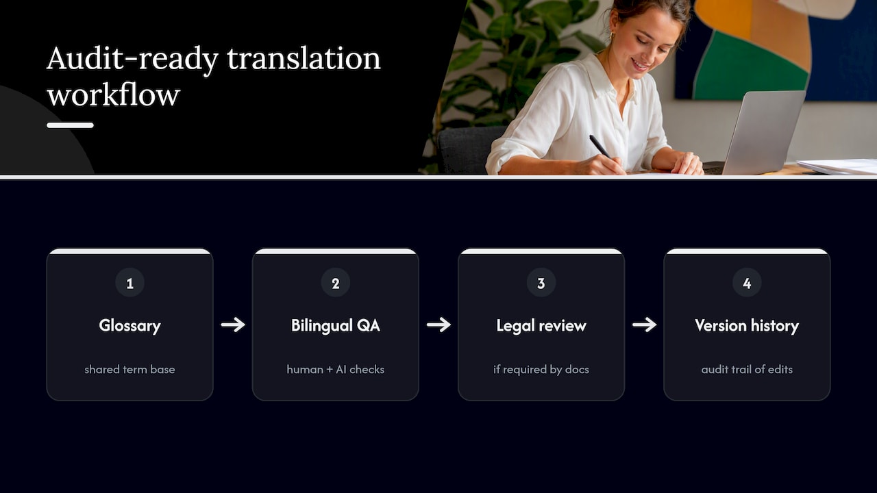 Four-stage audit-friendly translation workflow