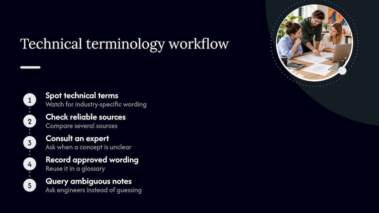 Five-stage workflow for verifying CAD terminology
